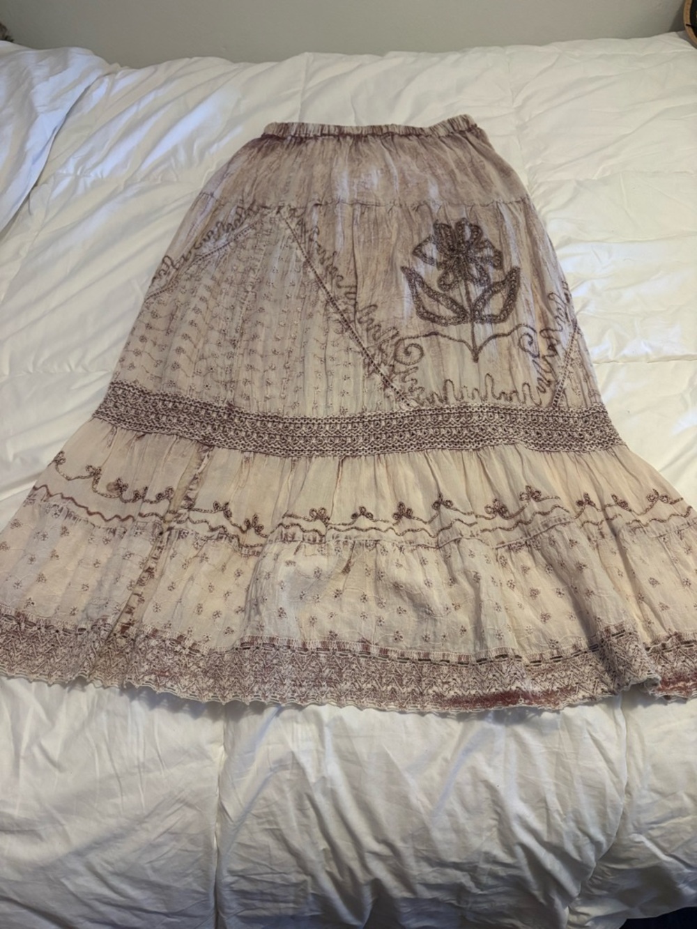 Metro Wear Cream Maxi Skirt with Brown Floral Embroidery